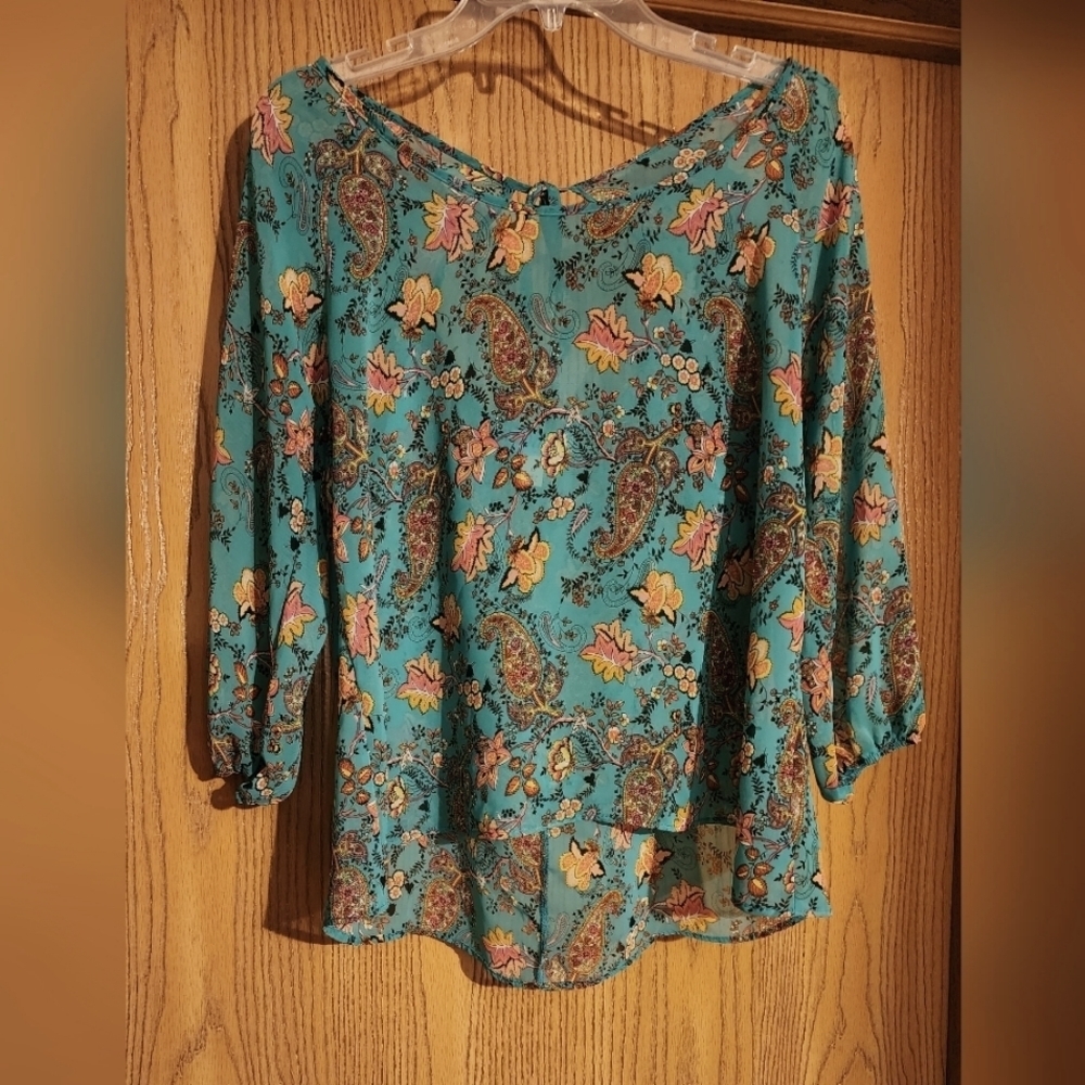 dina Be 100% Polyester Floral Teal 3/4 Sleeve Blouse Size L